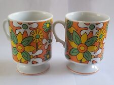 Vintage Pr 1970s Mod FLOWER POWER Ceramic Coffee Mugs ORANGE Yellow picture