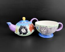 Vintage Catzilla Ceramic Teapot Candace Reiter & Mug Cats Blue Purple Cats 2001 picture