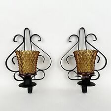 Wrought Iron Amber Glass Diamond Cut Votive Candle Wall Sconce Pair 70s Vintage picture
