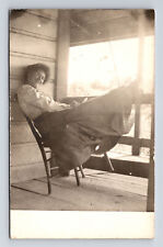 Pretty Woman Reclining on Sunny Porch Real Photo Postcard picture