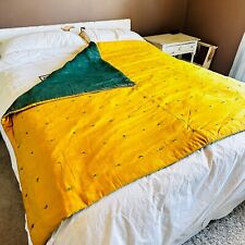 Vtg Handmade Yellow & Green heavy stuffed comforter /Quilt W/Tie Knot 65