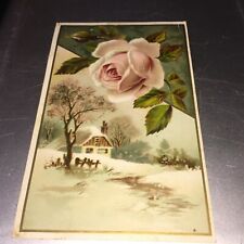 VICTORIAN HOME IN WINTER WITH A PINK FLOWER CARD picture