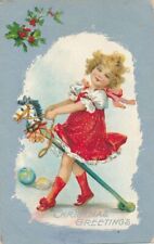 CHRISTMAS - Girl and Hobbyhorse Christmas Greetings Postcard - 1909 picture