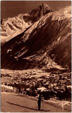 The Town & Aiguille Verte Woman Skiing Chamonix Mont-Blanc France 1910s Postcard picture