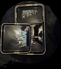 Vintage Otagiri Black Lacquer Three Piece Tray Set With Irises picture