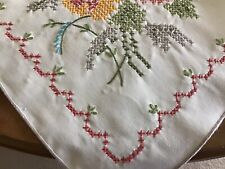 Vintage Hand Embroidered Cross Stitch 50” Square Cotton Tablecloth Beautiful picture