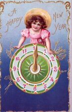 NEW YEAR - Girl And Clock A Happy New Year Tuck Postcard - 1909 picture