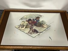 Vintage NORMAN ROCKWELL 2 Boys Fishing w/Dog Print Wood Framed Mirror, 15