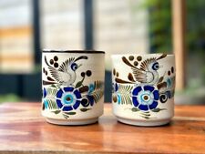 Beautiful Set Of 2 Tonala Mexico Pottery Cup Mug Bird w/Handle - Hand Painted picture