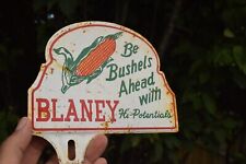 1950s BUSHELS AHEAD WITH BLANEY STAMPED PAINTED METAL TOPPER SIGN SEED FEED CORN picture