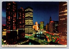 The Chicago River By Night Illinois Vintage Unposted Postcard picture
