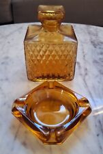 Vintage AMBER GLASS DECANTER & Amber Glass Ashtray Set  picture