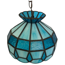 Tiffany Style Vintage Blue Stained Glass MCM Mid Century Modern Swag Hang Lamp picture