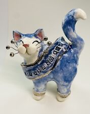 Amy Lacombe Rare Whimsiclay Vibrant Blue Cat Wearing A I Love My Cat Sash Estate picture