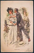 Harrison Fisher signed postcard~TAKING TOLL~Man Tries to Kiss Woman Near Gate picture