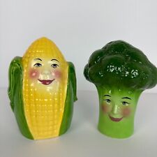 Vintage Anthropomorphic Salt And Pepper Shakers Corn Broccoli kitschClay Art picture