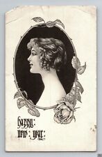 Antique Postcard Young Woman Profile Hairstyles Happy New Year Beatrice Neb 1916 picture