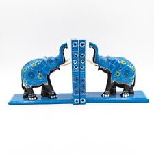 Vintage Indian Made Blue Hand Painted Elephant Wooden Bookends picture