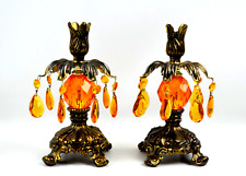 Set of 2 Vintage Gim Brass Candle Holder Amber Prisms & Center   9