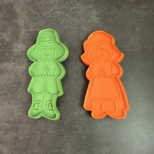 Vintage Hallmark Thanksgiving Pilgrim Plastic Cookie Cutters Orange & Green picture