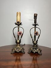 Bronzed Cast Iron Flower Lamp PAIR Antique / Vtg Original Paint May Need Wired picture