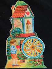 Vintage 1920's Die Cut Mechanical Valentine Tower House w/ Spinning Wheel V556 picture