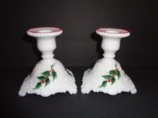 PR (2) Vintage Westmoreland Milk Glass Hand Painted Holly &  Berry Candlesticks picture