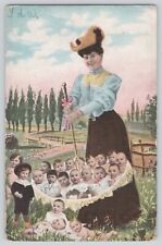 Postcard Lady Stirring Pot Basket Filled With Babies Children Antique 1907 picture