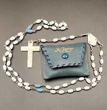 VTG Crucifix Catholic My Rosary White & Blue Plastic Beads Leather Storage Pouch picture