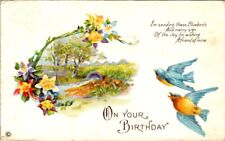 vintage postcard - BLUEBIRDS ON YOUR BIRTHDAY pretty scene posted 1924 picture