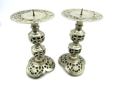 2 Pewter Candlestick Holders Tall Cutout Brass Art Ware Made in India MCM picture
