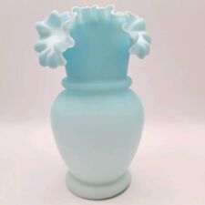 Vintage Hand Blown Powder Blue Glass Ruffle Top Flower Vase 6