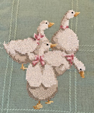 Vintage Geese Hand Embroidered Cross Stitch Fringe Granny Piano Shawl Tablecloth picture