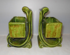 Mid Century Vintage Art Pottery Ceramic Avocado Green/Brown Planter 6.5 Bookends picture