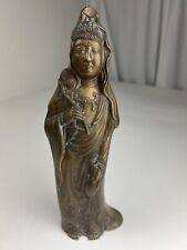 11” Solid Brass Asian Statue Guanyin Quan Yin Goddess of Mercy Ritual Water Vase picture