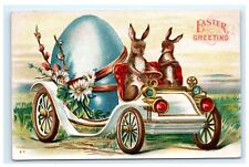 Anthropomorphic Rabbits Driving Car Auto w/ Giant Blue Egg Angry Postcard D1 picture