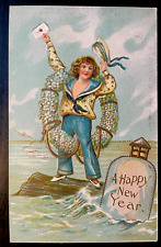 Vintage Victorian Postcard 1901-1910 A Happy New Year - Sailor Boy with Flowers picture