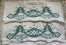 Vintage Pair Sunbonnet & Floral Embroidered Cross Stitch Pillowcases Green White picture
