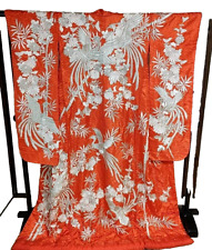 Japanese Silk Kimono Uchikake Vintage Gorgeous Red Silver Phoenix embroidery(u30 picture