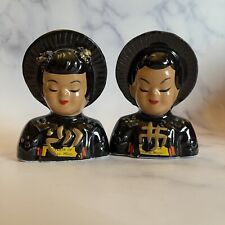 Vintage Salt & Pepper Shakers Asian Oriental Girl & Boy In Black/Gold Souvenir picture