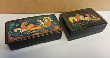 Pair of Russian Hand Painted Fairytale Lacquered Wood Jewelry Boxes  DAMAGED picture