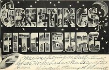 c1906 Postcard large Letter Greetings Fitchburg MA Moon & Stars, Posted picture