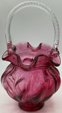 1990s Cranberry Pink Fenton Art Glass Optic & Clear Swirl Brides Basket Ruffled picture