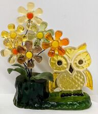 Vintage 70's Acrylic Lucite OWL & Flowers on Tree Stump Figurine USA picture