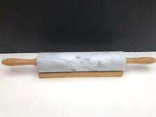 Vintage Marble White/gray Rolling Pin w/wood handles/Stand Non porous Non Stick picture