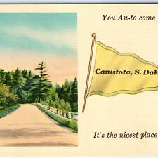 c1930s Canistota, S. Dak. You Au-To Come NICEST Place Linen Postcard Pennant A69 picture