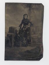 Ca.1870s-1880s TINTYPE OF A BEAUTIFUL YOUNG WOMAN WEARING A DRESS  MADE OF RAGS picture