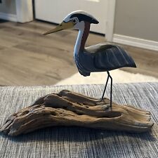 Hand Carved Painted Wooden Great Blue Heron on Driftwood Figurine Bird picture