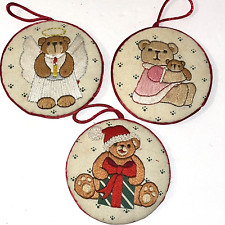 3 Teddy Bear Christmas Ornaments Embroidered Vtg Dimensions 1988 Beary Merry 3