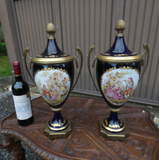 PAIR french sevres style marked Porcelain cobalt urns vases romantic decor picture
